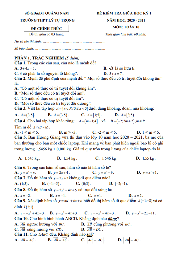 Đề thi giữa HK1 Toán 10 năm 2020 – 2021 trường THPT Lý Tự Trọng – Quảng Nam