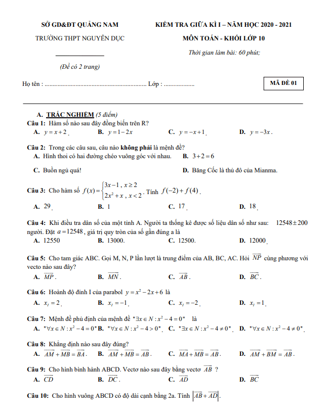 Đề thi giữa HK1 Toán 10 năm 2020 – 2021 trường THPT Nguyễn Dục – Quảng Nam