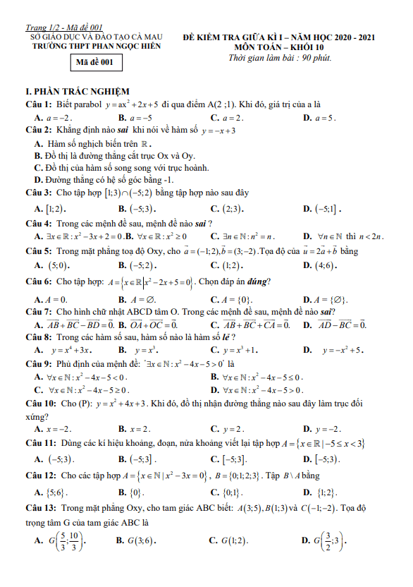 Đề thi giữa HK1 Toán 10 năm 2020 – 2021 trường THPT Phan Ngọc Hiển – Cà Mau