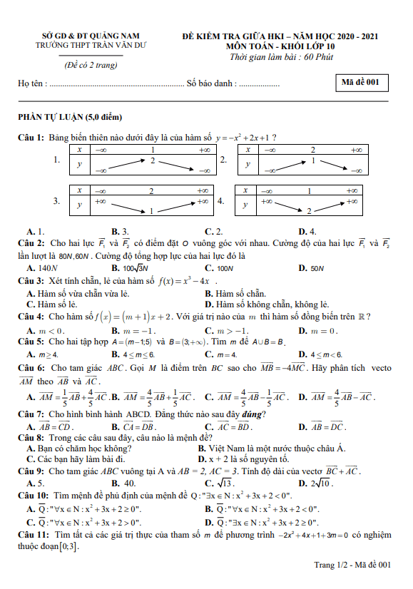 Đề thi giữa HK1 Toán 10 năm 2020 – 2021 trường THPT Trần Văn Dư – Quảng Nam