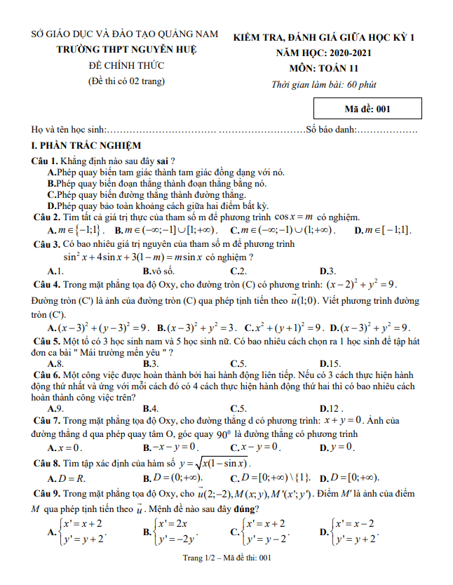 Đề thi giữa HK1 Toán 11 năm 2020 – 2021 trường THPT Nguyễn Huệ – Quảng Nam
