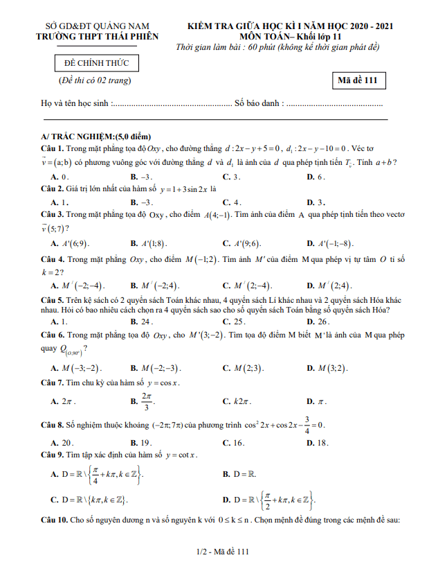 Đề thi giữa HK1 Toán 11 năm 2020 – 2021 trường THPT Thái Phiên – Quảng Nam