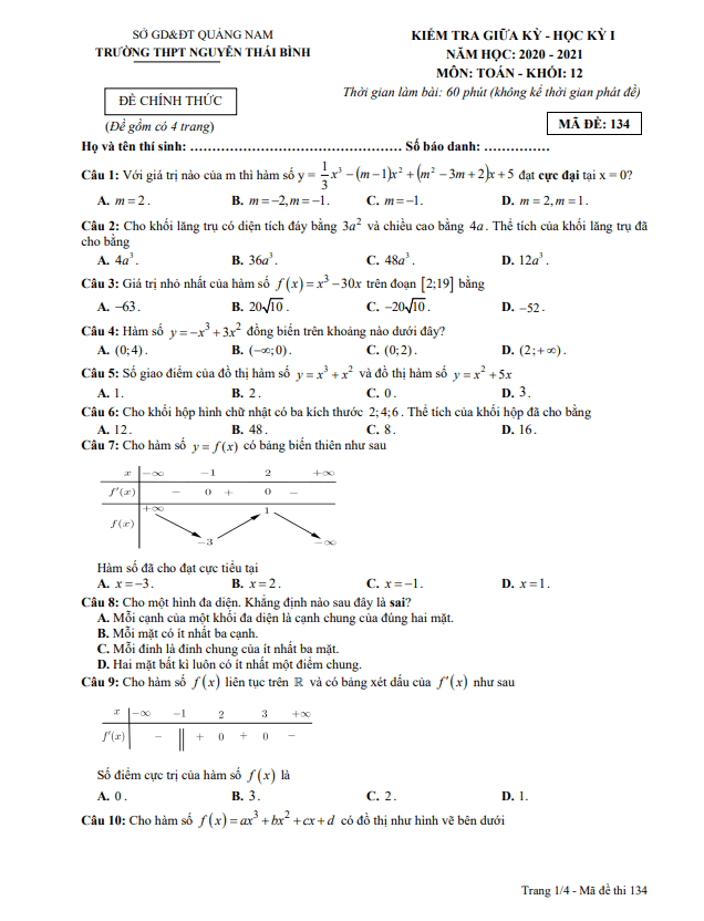 Đề thi giữa HK1 Toán 12 năm 2020 – 2021 trường THPT Nguyễn Thái Bình – Quảng Nam
