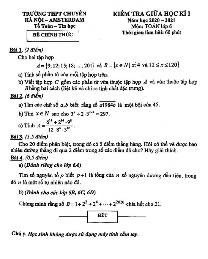Đề thi giữa HK1 Toán 6 năm 2020 – 2021 trường chuyên Hà Nội – Amsterdam