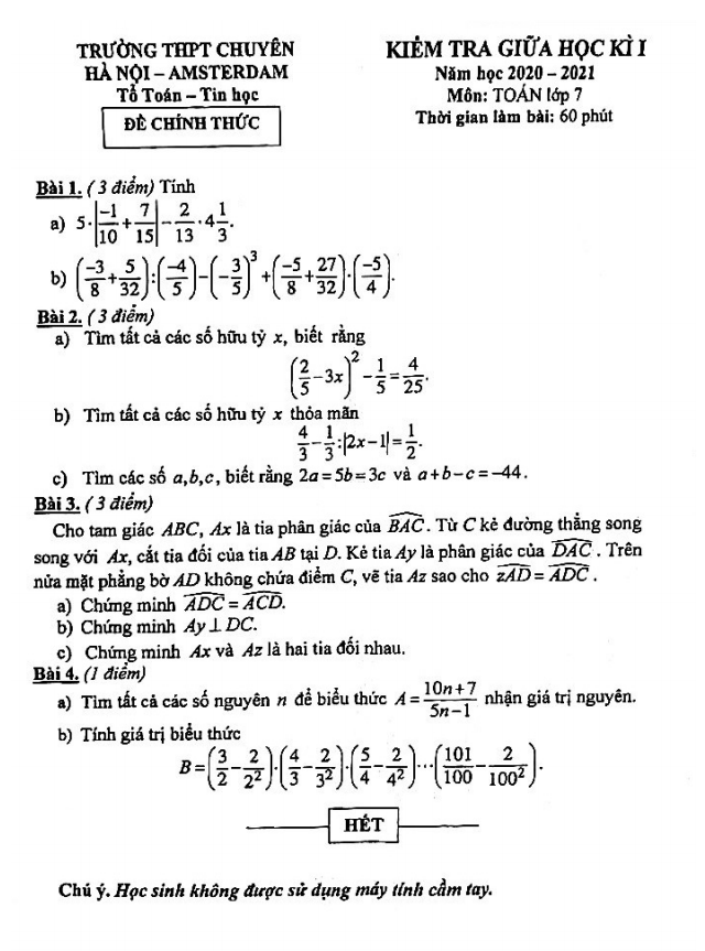 Đề thi giữa HK1 Toán 7 năm 2020 – 2021 trường chuyên Hà Nội – Amsterdam