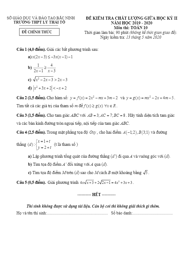 Đề thi giữa HK2 Toán 10 năm 2019 – 2020 trường THPT Lý Thái Tổ – Bắc Ninh