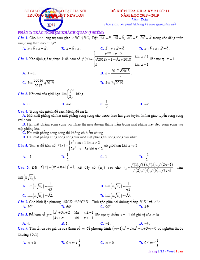 Đề thi giữa HK2 Toán 11 năm 2018 – 2019 trường Newton – Hà Nội