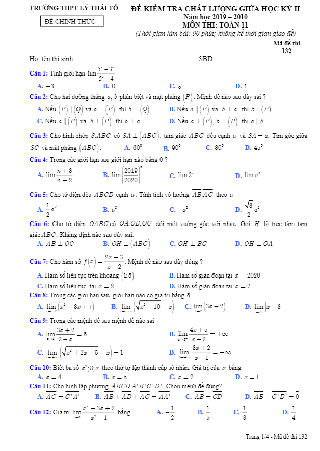 Đề thi giữa HK2 Toán 11 năm 2019 – 2020 trường THPT Lý Thái Tổ – Bắc Ninh