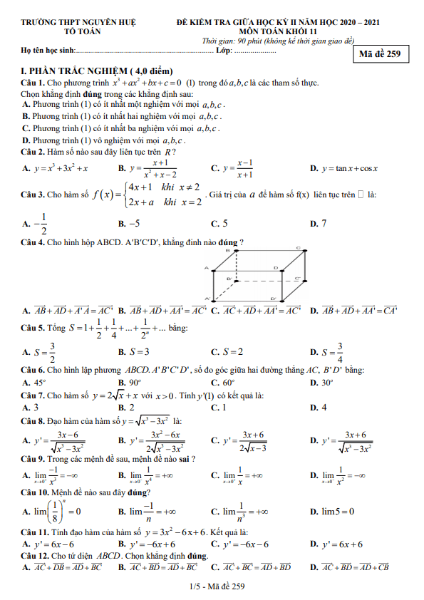 Đề thi giữa HK2 Toán 11 năm 2020 – 2021 trường THPT Nguyễn Huệ – Đắk Lắk