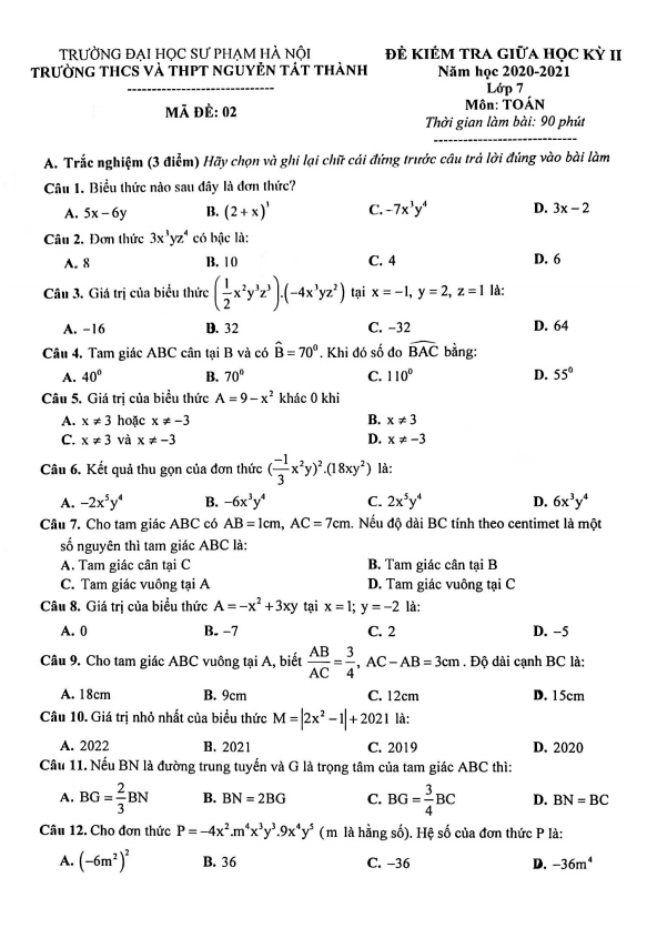 Đề thi giữa HK2 Toán 7 năm 2020 – 2021 trường Nguyễn Tất Thành – Hà Nội