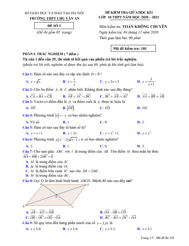 Đề thi giữa học kì 1 Toán 10 năm 2020 – 2021 trường THPT Chu Văn An – Hà Nội