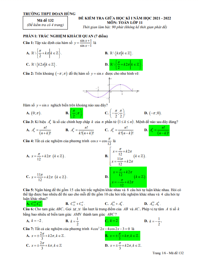 Đề thi giữa học kì 1 Toán 11 năm 2021 – 2022 trường THPT Đoan Hùng – Phú Thọ