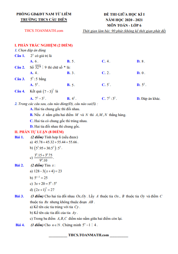 Đề thi giữa học kì 1 Toán 6 năm 2020 – 2021 trường THCS Cầu Diễn – Hà Nội