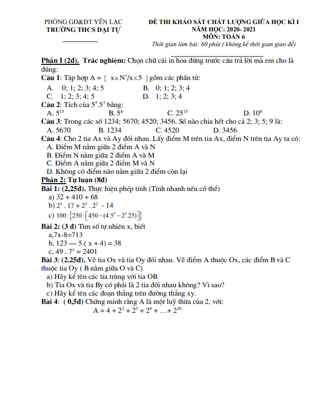 Đề thi giữa học kì 1 Toán 6 năm 2020 – 2021 trường THCS Đại Tự – Vĩnh Phúc