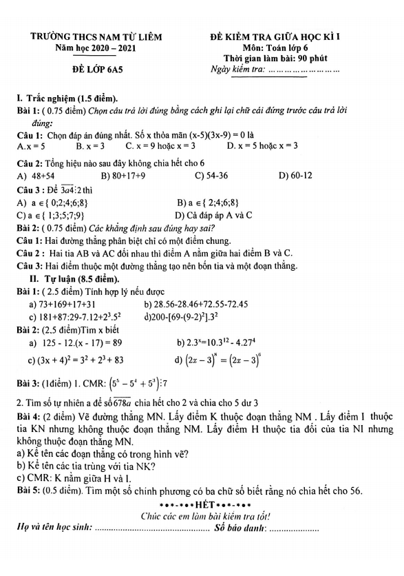 Đề thi giữa học kì 1 Toán 6 năm 2020 – 2021 trường THCS Nam Từ Liêm – Hà Nội