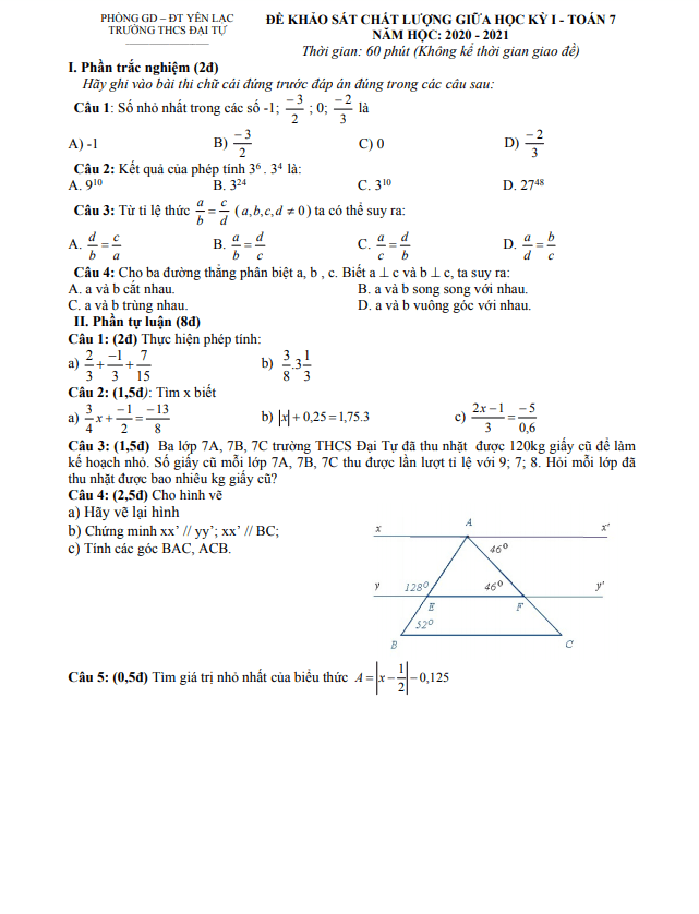 Đề thi giữa học kì 1 Toán 7 năm 2020 – 2021 trường THCS Đại Tự – Vĩnh Phúc