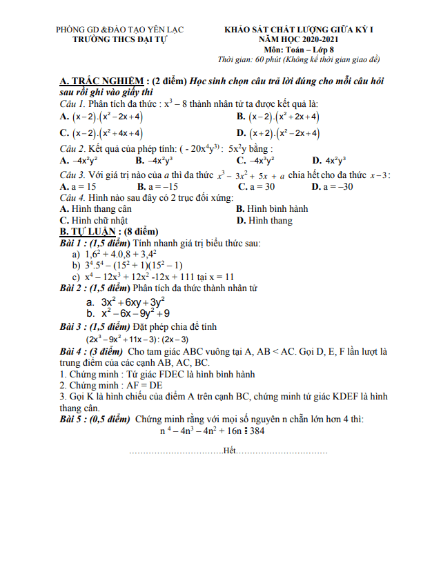Đề thi giữa học kì 1 Toán 8 năm 2020 – 2021 trường THCS Đại Tự – Vĩnh Phúc