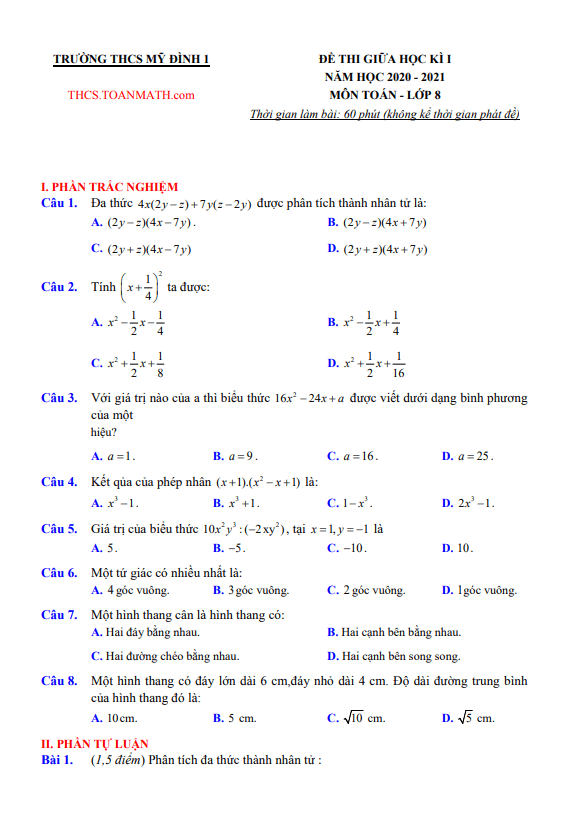 Đề thi giữa học kì 1 Toán 8 năm 2020 – 2021 trường THCS Mỹ Đình 1 – Hà Nội