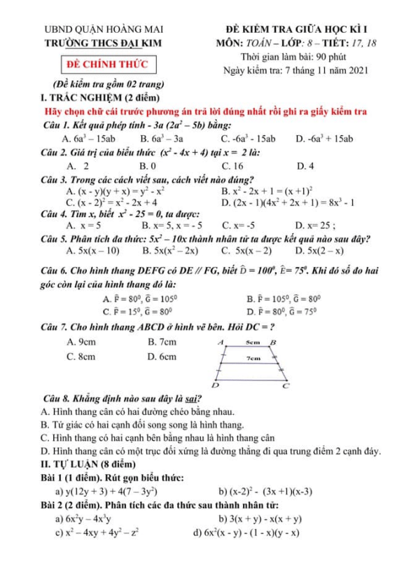 Đề thi giữa học kì 1 Toán 8 năm 2021 – 2022 trường THCS Đại Kim – Hà Nội