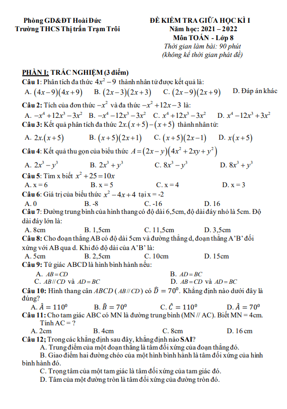 Đề thi giữa học kì 1 Toán 8 năm 2021 – 2022 trường THCS Trạm Trôi – Hà Nội