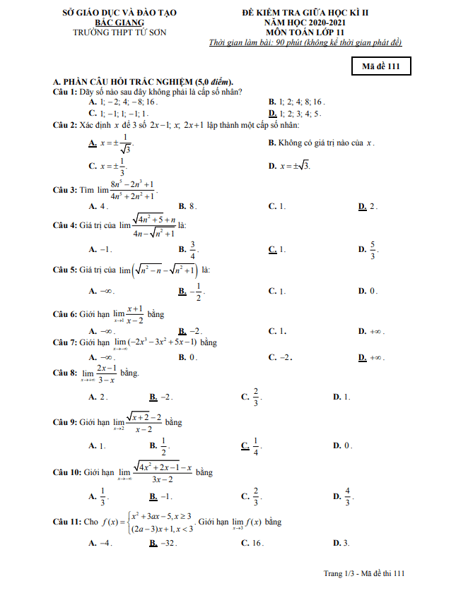 Đề thi giữa học kì 2 Toán 11 năm 2020 – 2021 trường THPT Tứ Sơn – Bắc Giang