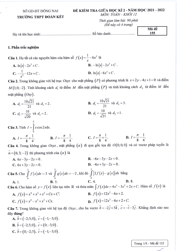 Đề thi giữa học kì 2 Toán 12 năm 2021 – 2022 trường THPT Đoàn Kết – Đồng Nai