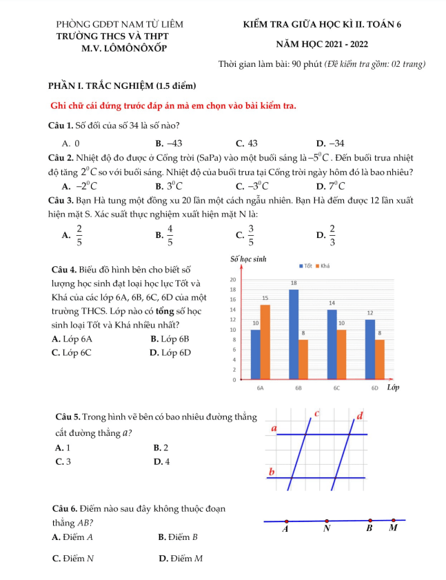 Đề thi giữa học kì 2 Toán 6 năm 2021 – 2022 trường M.V. Lômônôxốp – Hà Nội