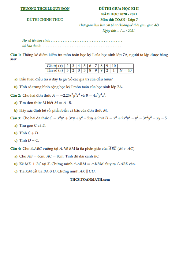 Đề thi giữa học kì 2 Toán 7 năm 2020 – 2021 trường THCS Lê Quý Đôn – TP HCM