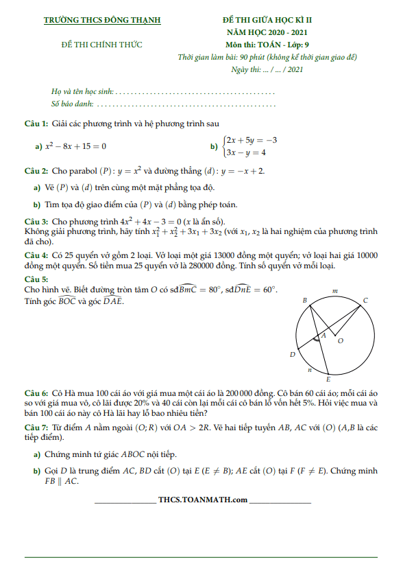 Đề thi giữa học kì 2 Toán 9 năm 2020 – 2021 trường THCS Đông Thạnh – TP HCM