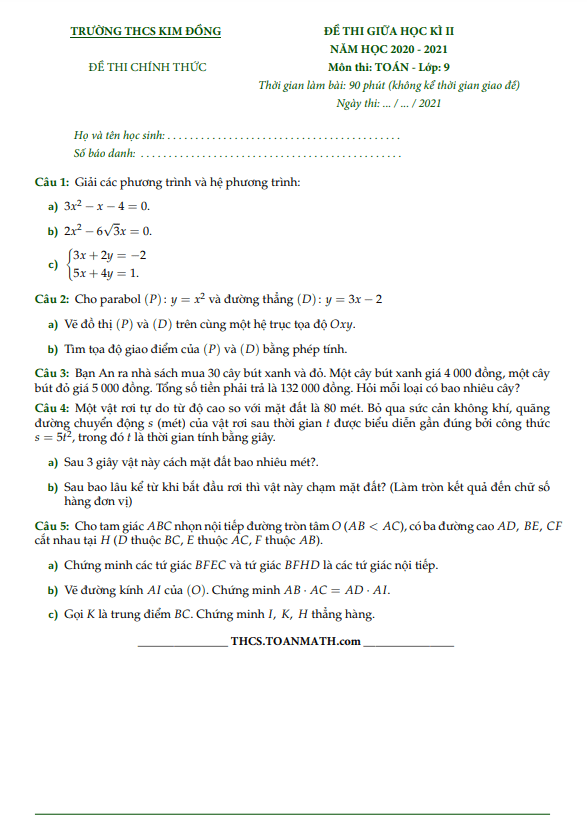 Đề thi giữa học kì 2 Toán 9 năm 2020 – 2021 trường THCS Kim Đồng – TP HCM