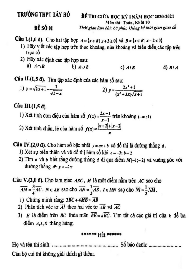 Đề thi giữa học kỳ 1 Toán 10 năm 2020 – 2021 trường THPT Tây Hồ – Hà Nội