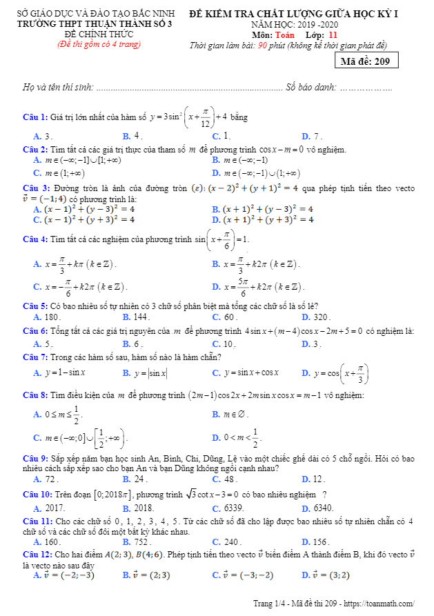 Đề thi giữa học kỳ 1 Toán 11 năm 2019 – 2020 trường Thuận Thành 3 – Bắc Ninh