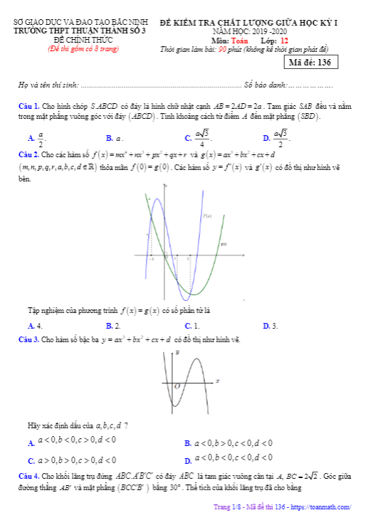 Đề thi giữa học kỳ 1 Toán 12 năm 2019 – 2020 trường Thuận Thành 3 – Bắc Ninh