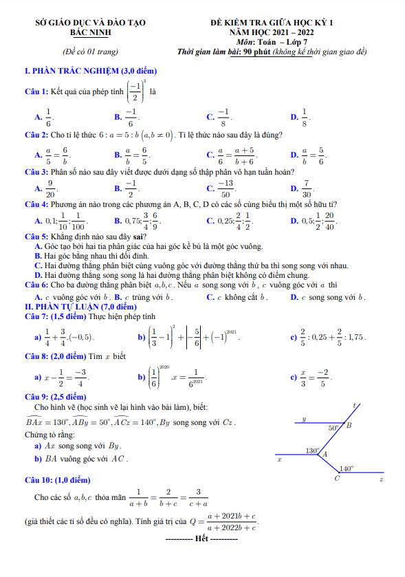Đề thi giữa học kỳ 1 Toán 7 năm 2021 – 2022 sở GD&ĐT Bắc Ninh