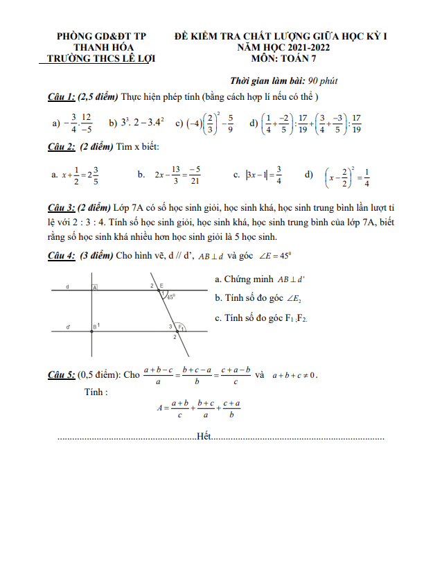 Đề thi giữa học kỳ 1 Toán 7 năm 2021 – 2022 trường THCS Lê Lợi – Thanh Hóa