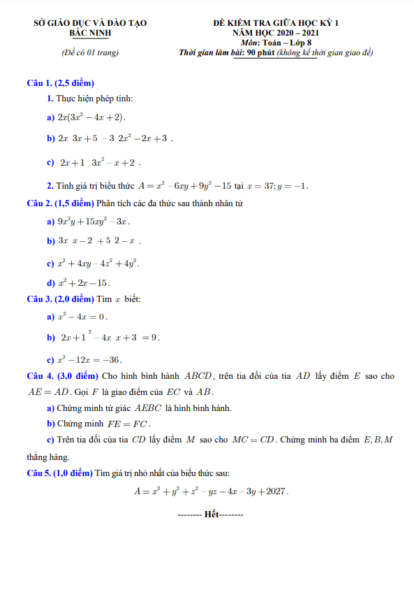 Đề thi giữa học kỳ 1 Toán 8 năm 2020 – 2021 sở GD&ĐT Bắc Ninh