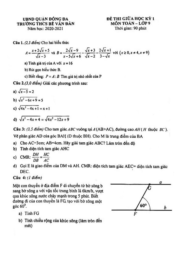 Đề thi giữa học kỳ 1 Toán 9 năm 2020 – 2021 trường THCS Bế Văn Đàn – Hà Nội