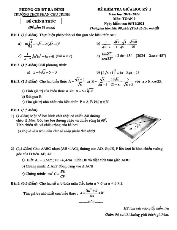 Đề thi giữa học kỳ 1 Toán 9 năm 2021 – 2022 trường THCS Phan Chu Trinh – Hà Nội