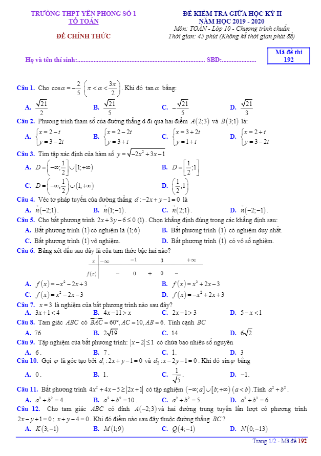 Đề thi giữa học kỳ 2 Toán 10 năm 2019 – 2020 trường THPT Yên Phong 1 – Bắc Ninh