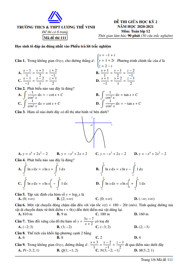 Đề thi giữa học kỳ 2 Toán 12 năm 2020 – 2021 trường Lương Thế Vinh – Hà Nội