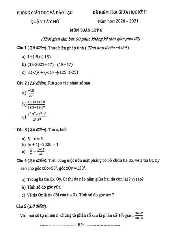 Đề thi giữa học kỳ 2 Toán 6 năm 2020 – 2021 phòng GD&ĐT Tây Hồ – Hà Nội