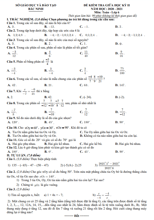 Đề thi giữa học kỳ 2 Toán 6 năm 2020 – 2021 sở GD&ĐT Bắc Ninh