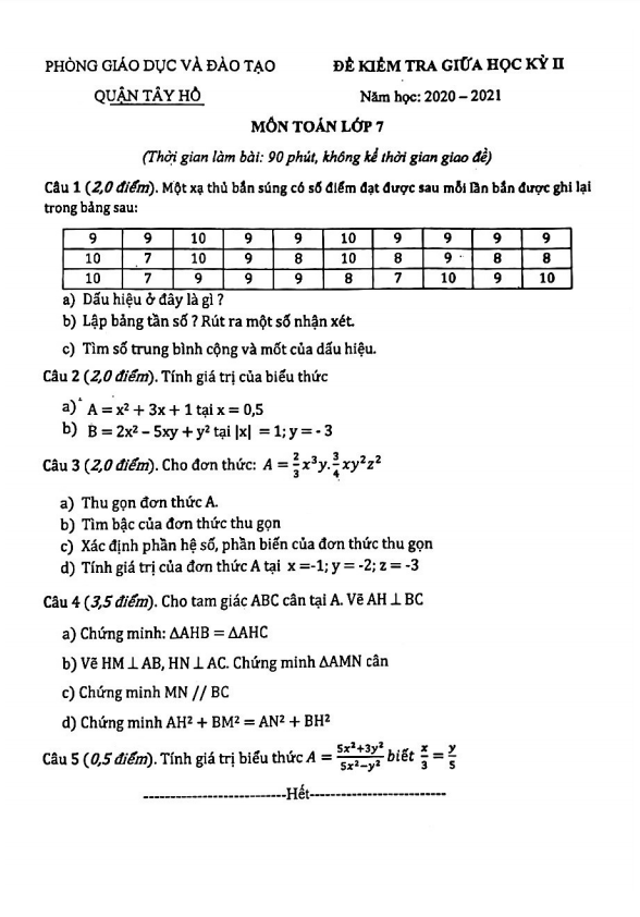 Đề thi giữa học kỳ 2 Toán 7 năm 2020 – 2021 phòng GD&ĐT Tây Hồ – Hà Nội