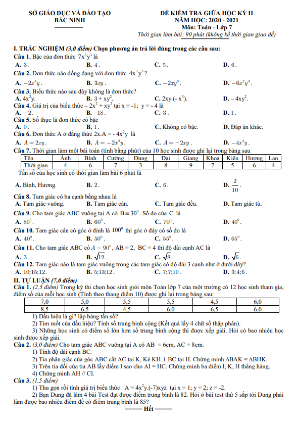 Đề thi giữa học kỳ 2 Toán 7 năm 2020 – 2021 sở GD&ĐT Bắc Ninh