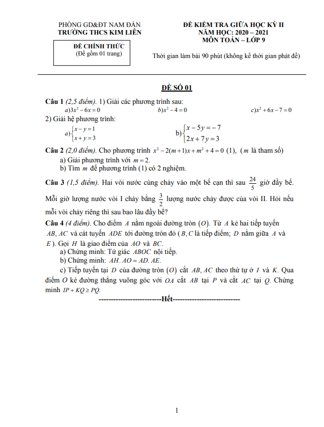 Đề thi giữa học kỳ 2 Toán 9 năm 2020 – 2021 trường THCS Kim Liên – Nghệ An