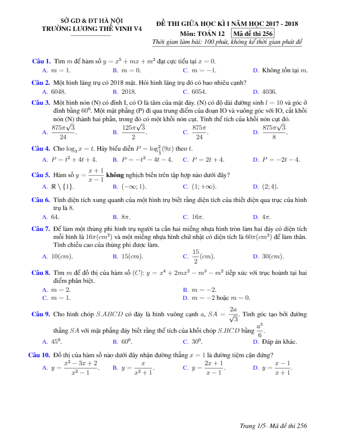 Đề thi giữa học kỳ I năm học 2017 – 2018 môn Toán 12 trường THPT Lương Thế Vinh – Hà Nội
