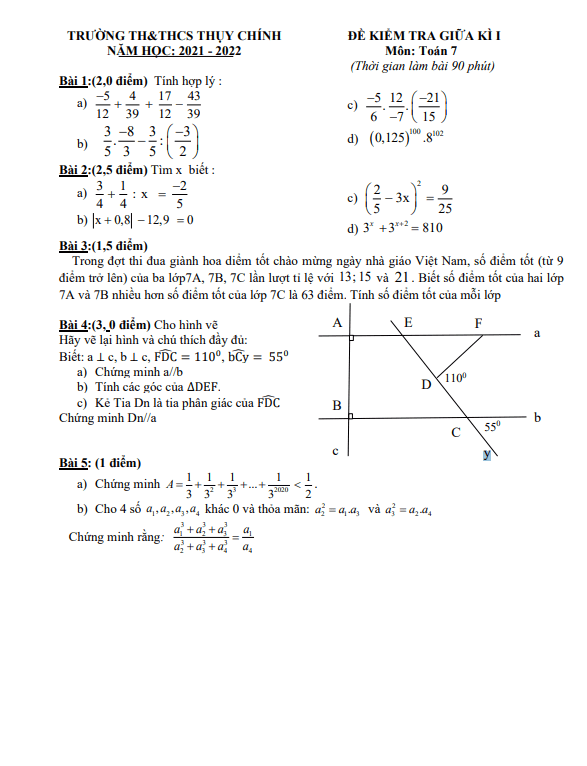 Đề thi giữa kì 1 Toán 7 năm 2021 – 2022 trường TH&THCS Thụy Chính – Thái Bình