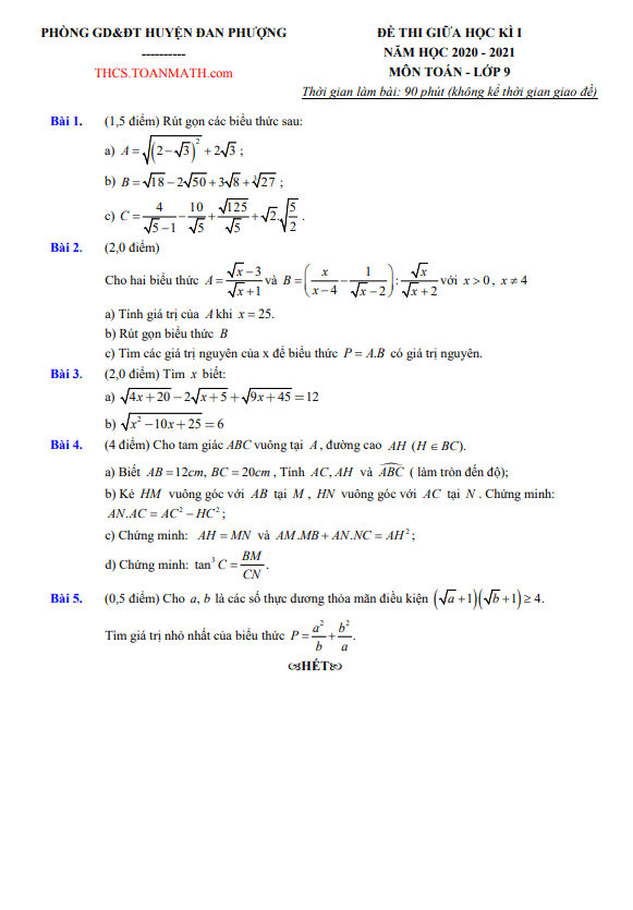 Đề thi giữa kì 1 Toán 9 năm 2020 – 2021 phòng GD&ĐT Đan Phượng – Hà Nội