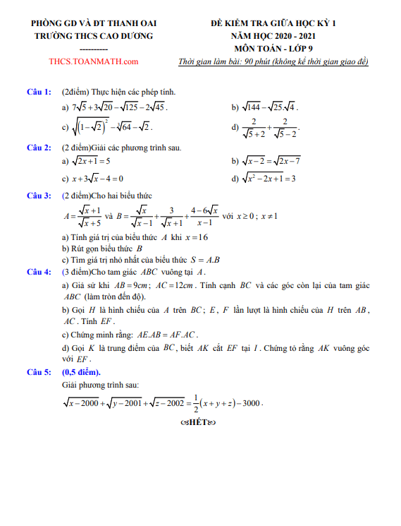 Đề thi giữa kì 1 Toán 9 năm 2020 – 2021 trường THCS Cao Dương – Hà Nội