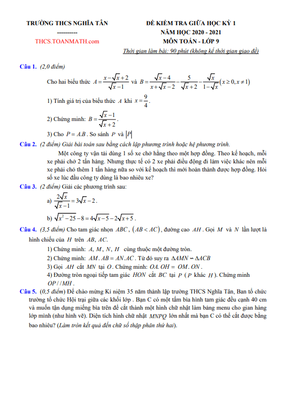 Đề thi giữa kì 1 Toán 9 năm 2020 – 2021 trường THCS Nghĩa Tân – Hà Nội